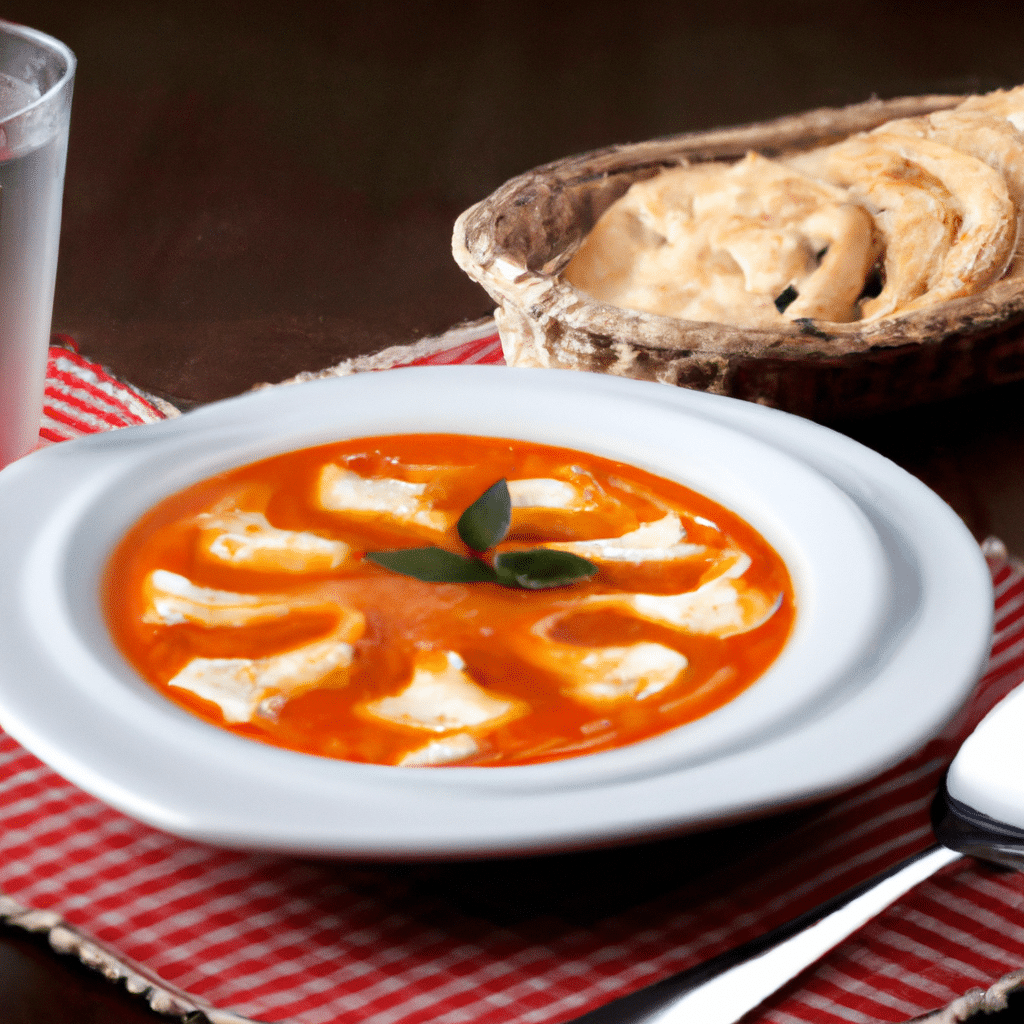 Sopa de Tomate com Manjericão e Queijo Gratinado